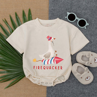 Firequacker Baby Romper Whimsical Duck Rocket Patriotic Red White Blue Outfit Independence Day Infant Funny Fourth of July T-shirt