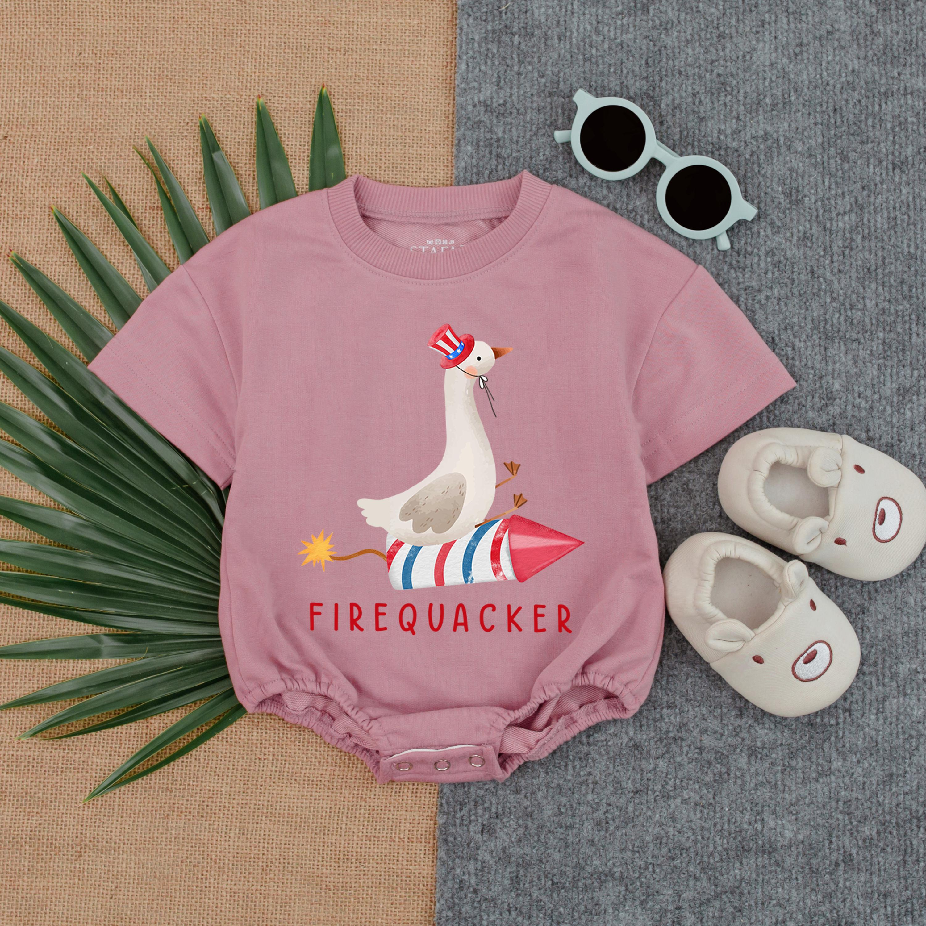 Firequacker Baby Romper Whimsical Duck Rocket Patriotic Red White Blue Outfit Independence Day Infant Funny Fourth of July T-shirt