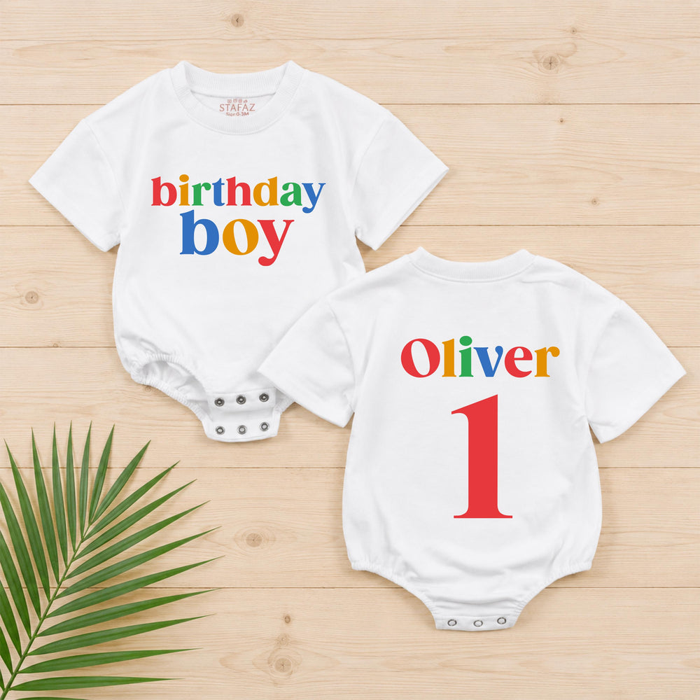First Birthday Boy Romper with Colorful Name and Number 1, Personalized Baby Outfit, Fun Multicolor Cake Smash Clothes for Party