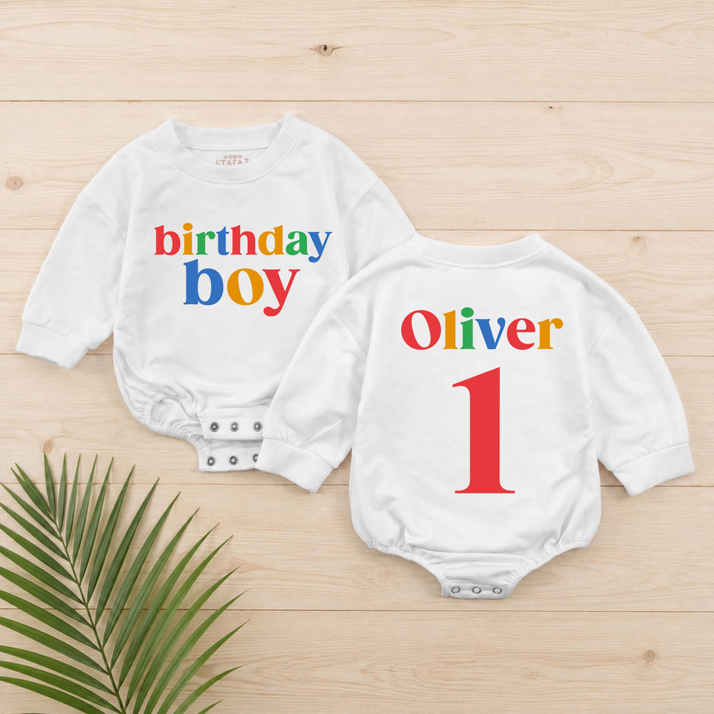 First Birthday Boy Romper with Colorful Name and Number 1, Personalized Baby Outfit, Fun Multicolor Cake Smash Clothes for Party