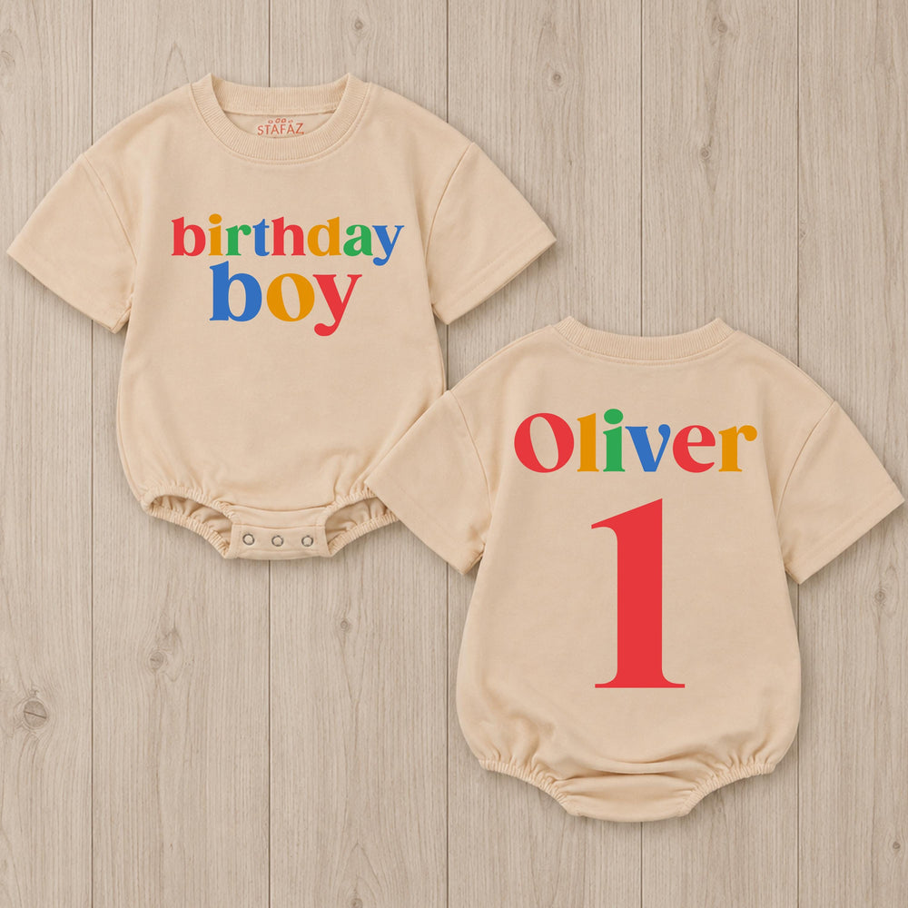 First Birthday Boy Romper with Colorful Name and Number 1, Personalized Baby Outfit, Fun Multicolor Cake Smash Clothes for Party