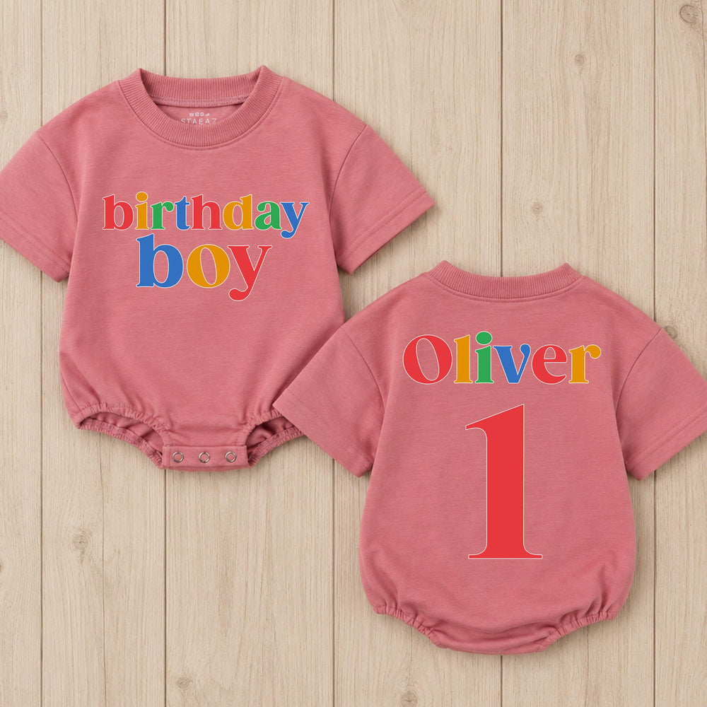 First Birthday Boy Romper with Colorful Name and Number 1, Personalized Baby Outfit, Fun Multicolor Cake Smash Clothes for Party
