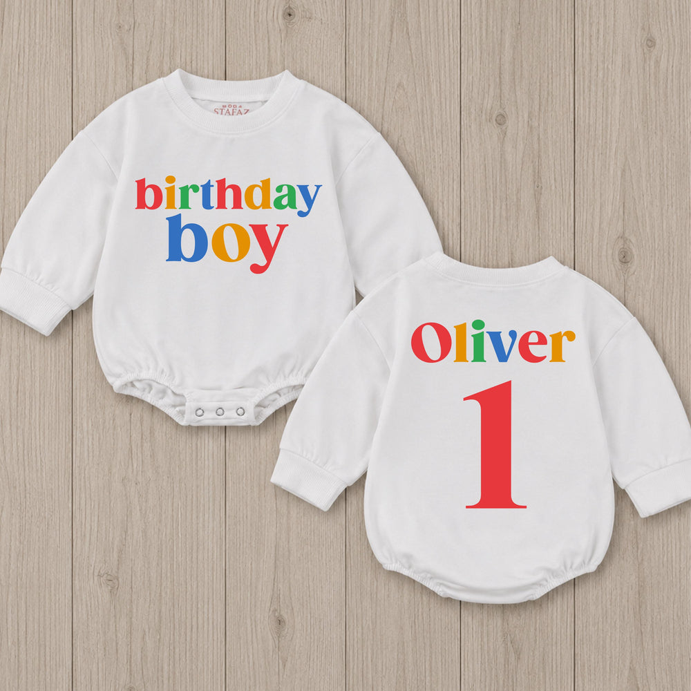 First Birthday Boy Romper with Colorful Name and Number 1, Personalized Baby Outfit, Fun Multicolor Cake Smash Clothes for Party