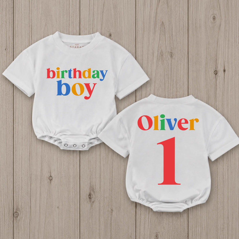 First Birthday Boy Romper with Colorful Name and Number 1, Personalized Baby Outfit, Fun Multicolor Cake Smash Clothes for Party