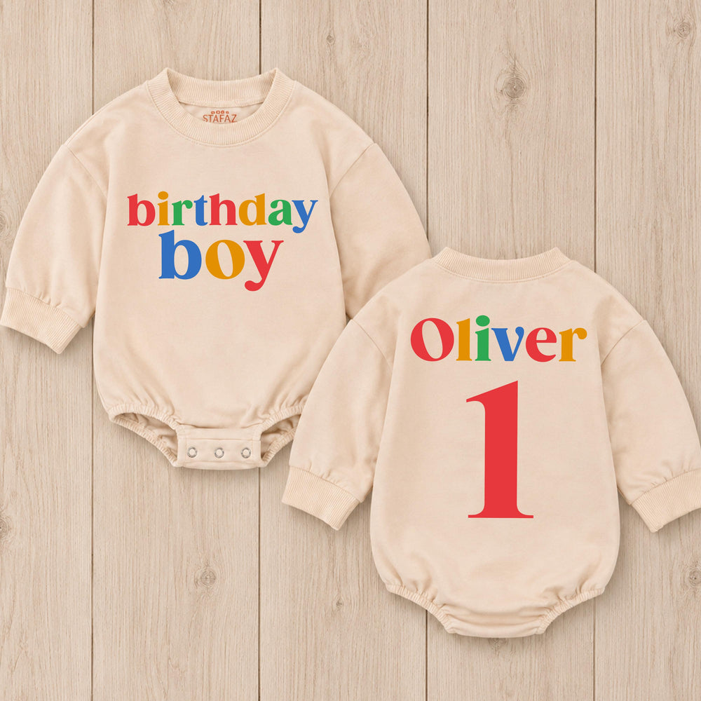 First Birthday Boy Romper with Colorful Name and Number 1, Personalized Baby Outfit, Fun Multicolor Cake Smash Clothes for Party