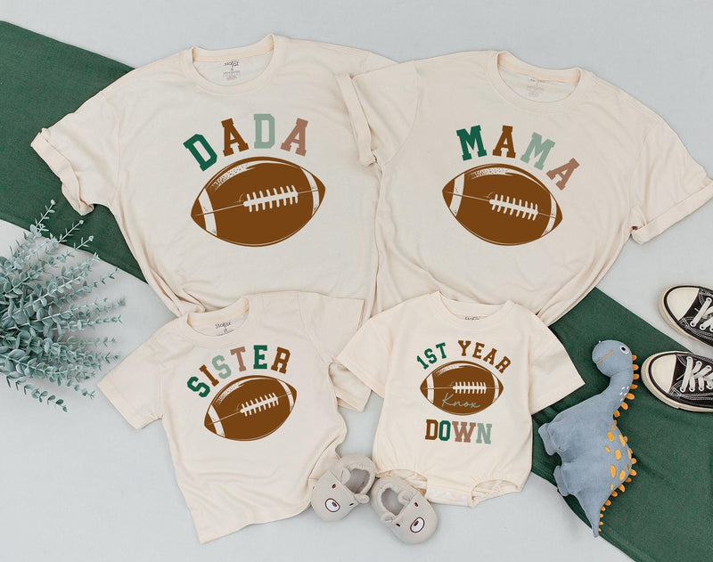 First Birthday Football Family Shirts Personalized Baby Toddler Outfit Soft Comfortable Cotton Dad Mom Sister 1st Year Down Design