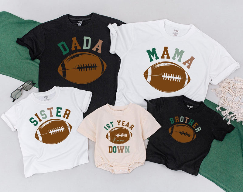First Birthday Football Family Shirts Personalized Baby Toddler Outfit Soft Comfortable Cotton Dad Mom Sister 1st Year Down Design