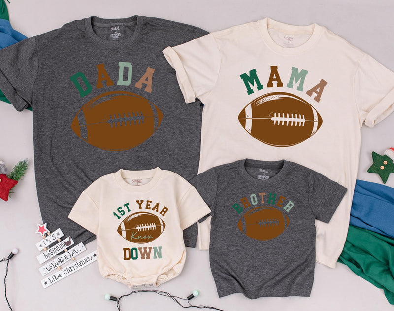 First Birthday Football Family Shirts Personalized Baby Toddler Outfit Soft Comfortable Cotton Dad Mom Sister 1st Year Down Design