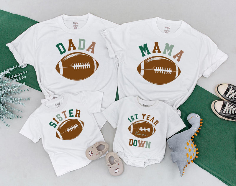 First Birthday Football Family Shirts Personalized Baby Toddler Outfit Soft Comfortable Cotton Dad Mom Sister 1st Year Down Design