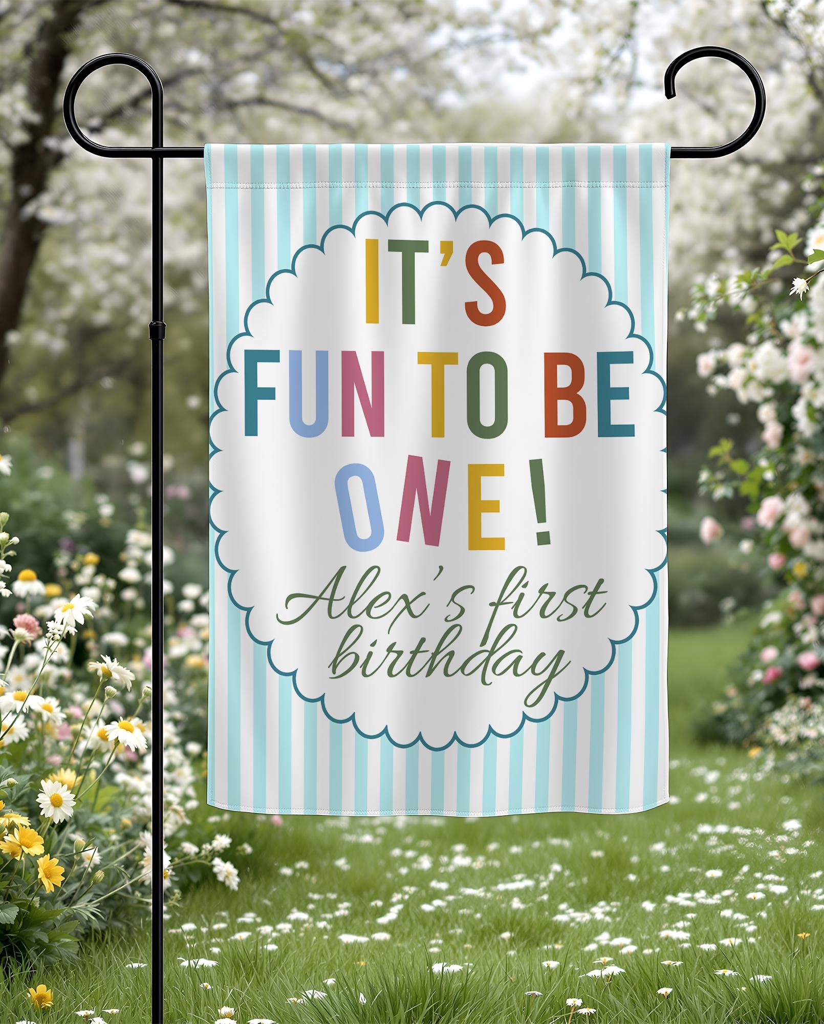 First Birthday Garden Flag with Custom Baby Name It's Fun to Be One Banner, Outdoor Party Yard Sign Light Blue and White Stripes Design