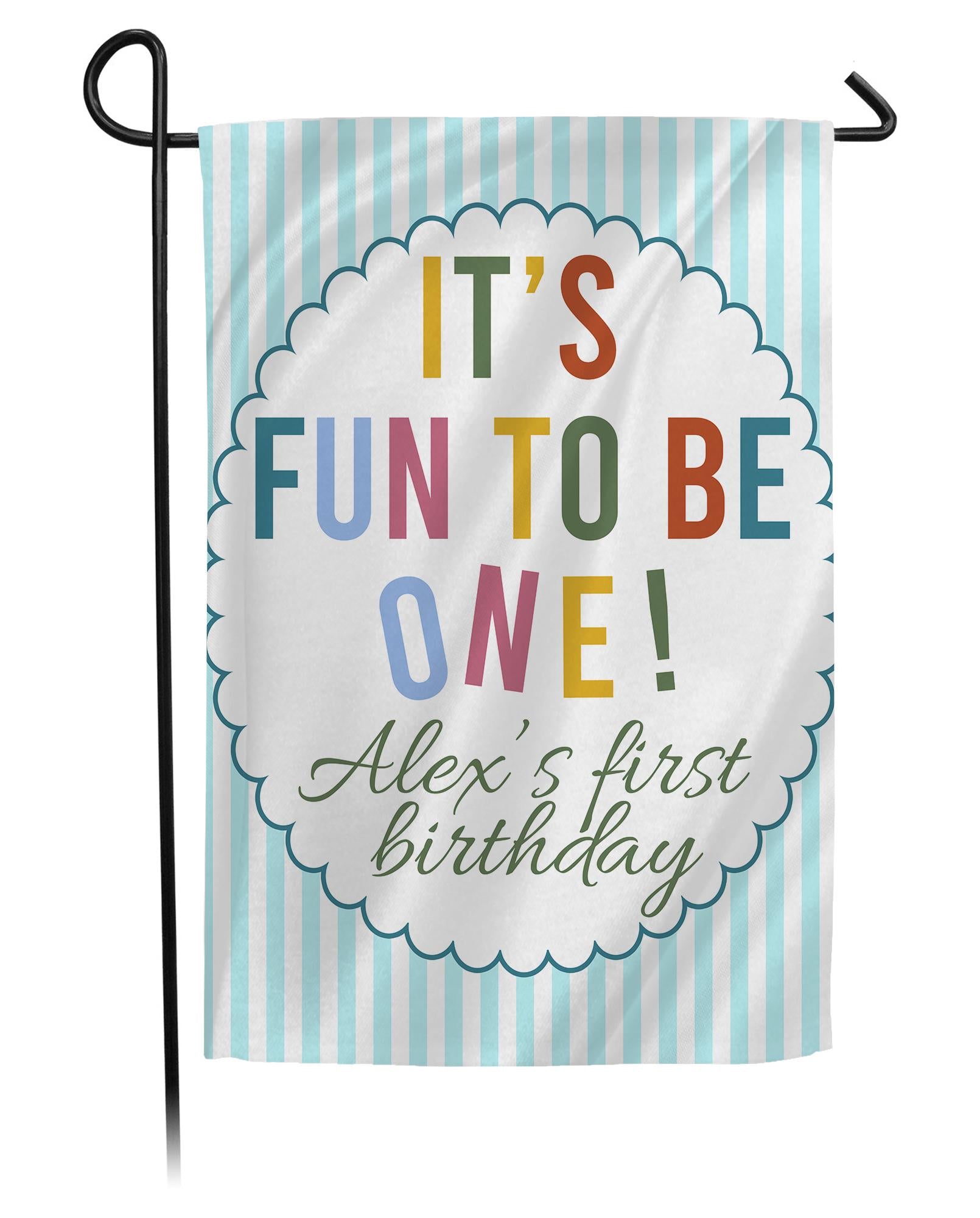 First Birthday Garden Flag with Custom Baby Name It's Fun to Be One Banner, Outdoor Party Yard Sign Light Blue and White Stripes Design