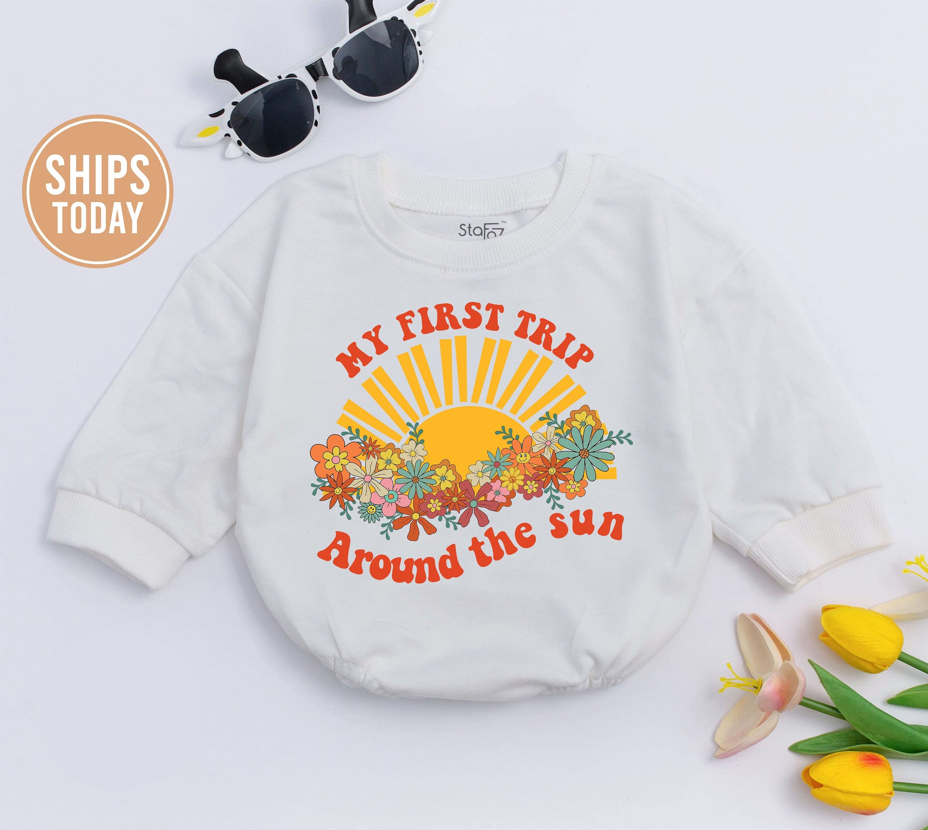 First Birthday Retro Romper My First Trip Around the Sun Infant Bodysuit Colorful Sunflowers Baby Boy Celebratory Outfit Soft Cotton
