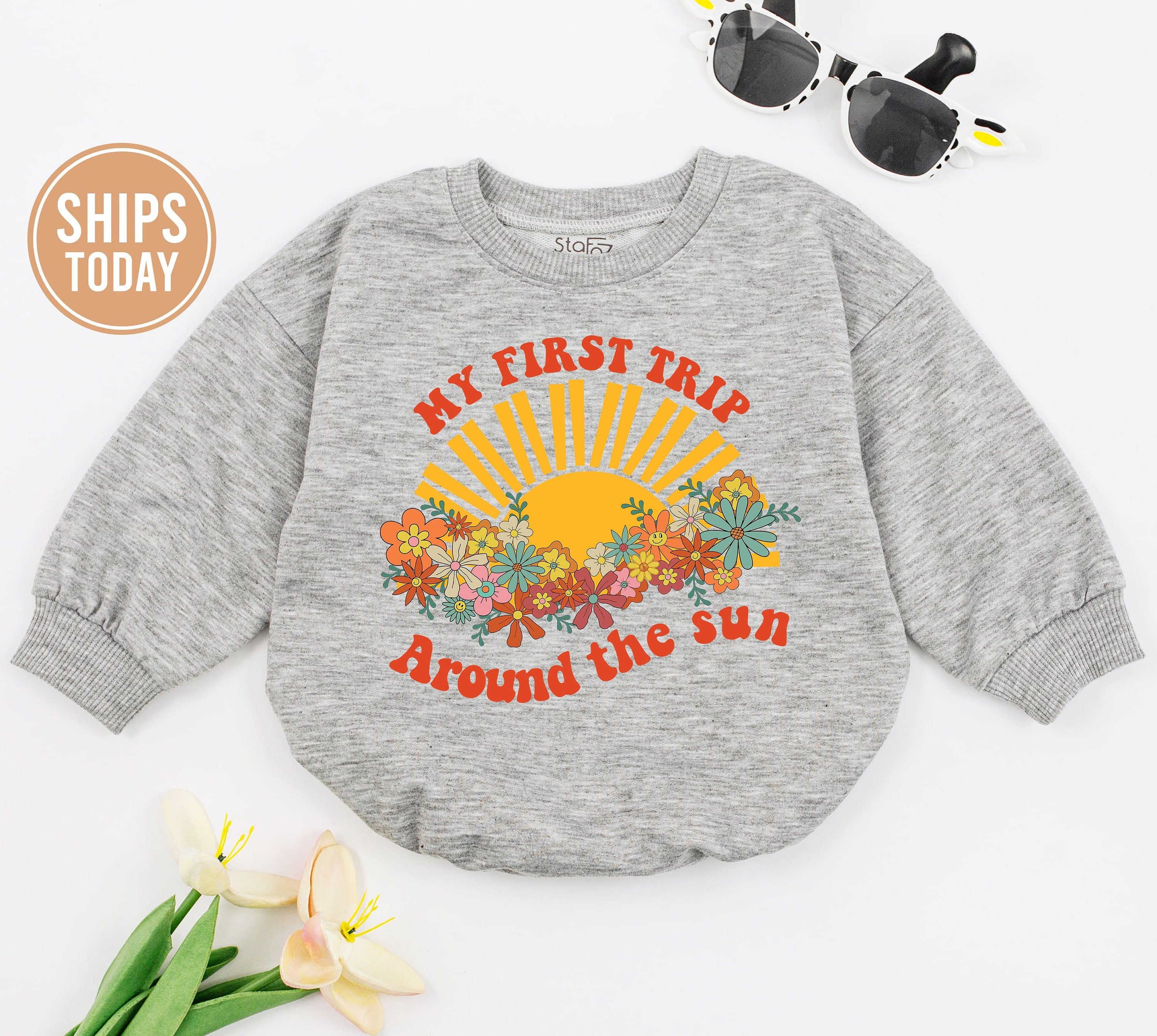 First Birthday Retro Romper My First Trip Around the Sun Infant Bodysuit Colorful Sunflowers Baby Boy Celebratory Outfit Soft Cotton