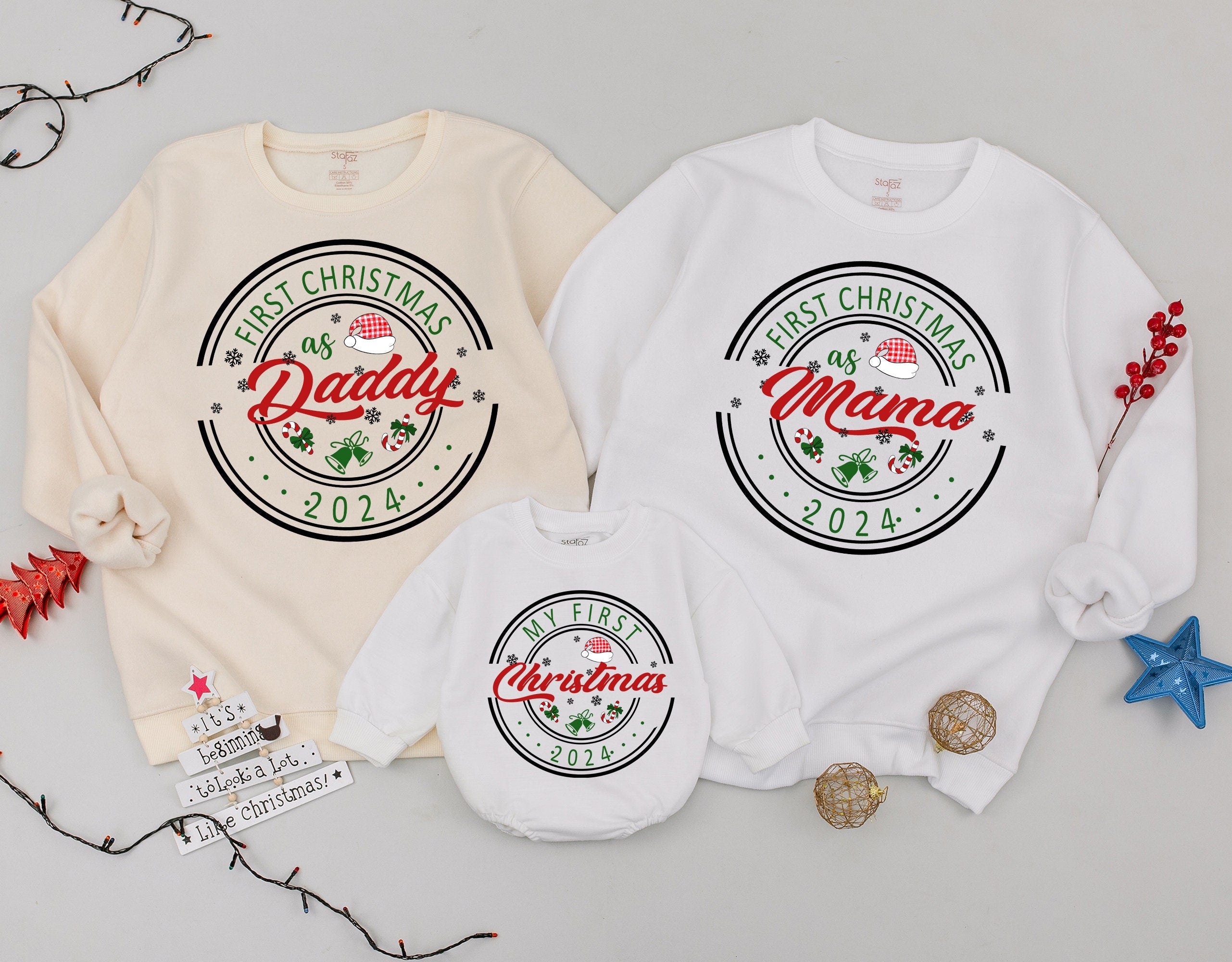 First Christmas 2024 Matching Family Sweatshirt Cozy Holiday Outfit for Daddy, Mama, Baby Personalized Festive Cotton Tee