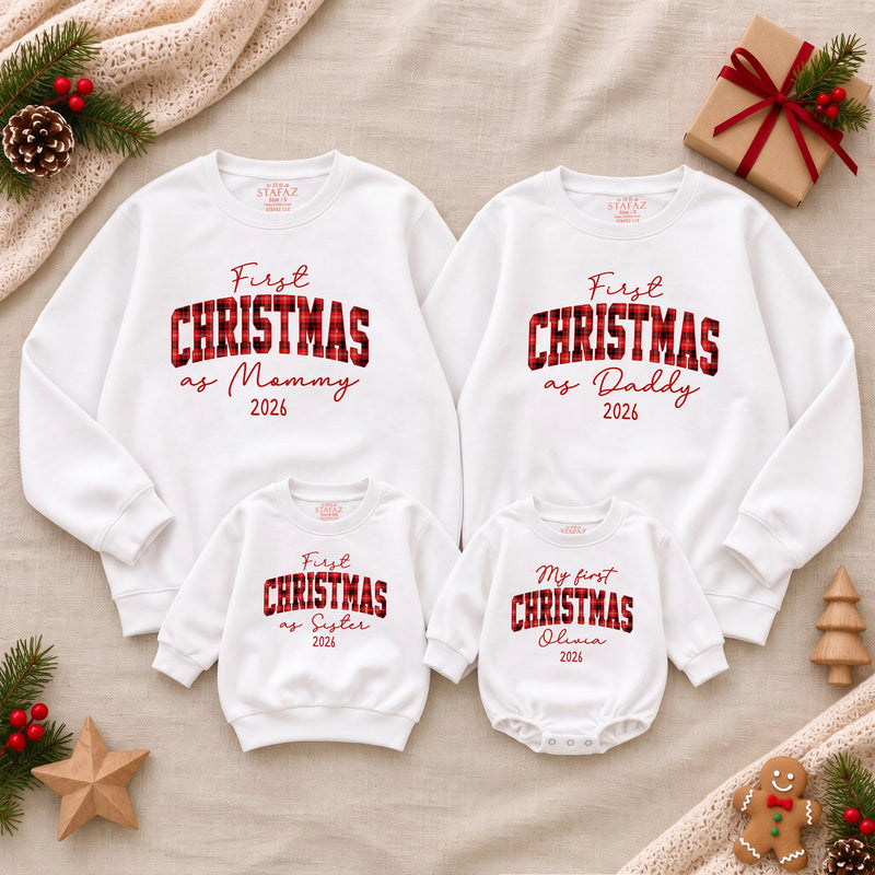 First Christmas as Mommy and Daddy 2026 Sweatshirts and Baby Romper Set, Matching Family Holiday Outfits with Custom Names