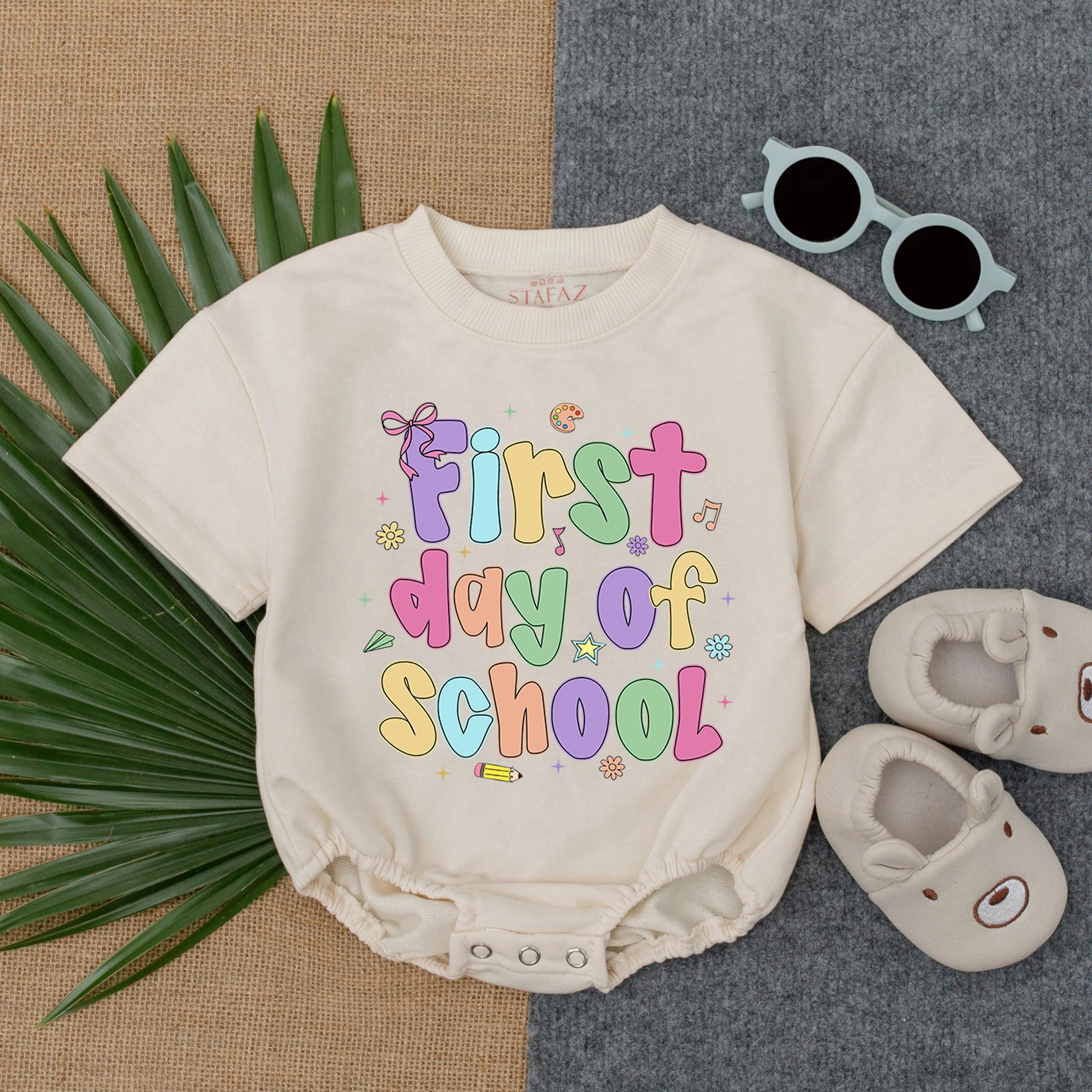 First Day of School Romper for Toddler Girls Pastel Fun Outfit Playful Design with Hearts Stars Bow Cotton Comfortable Kindergarten Ready