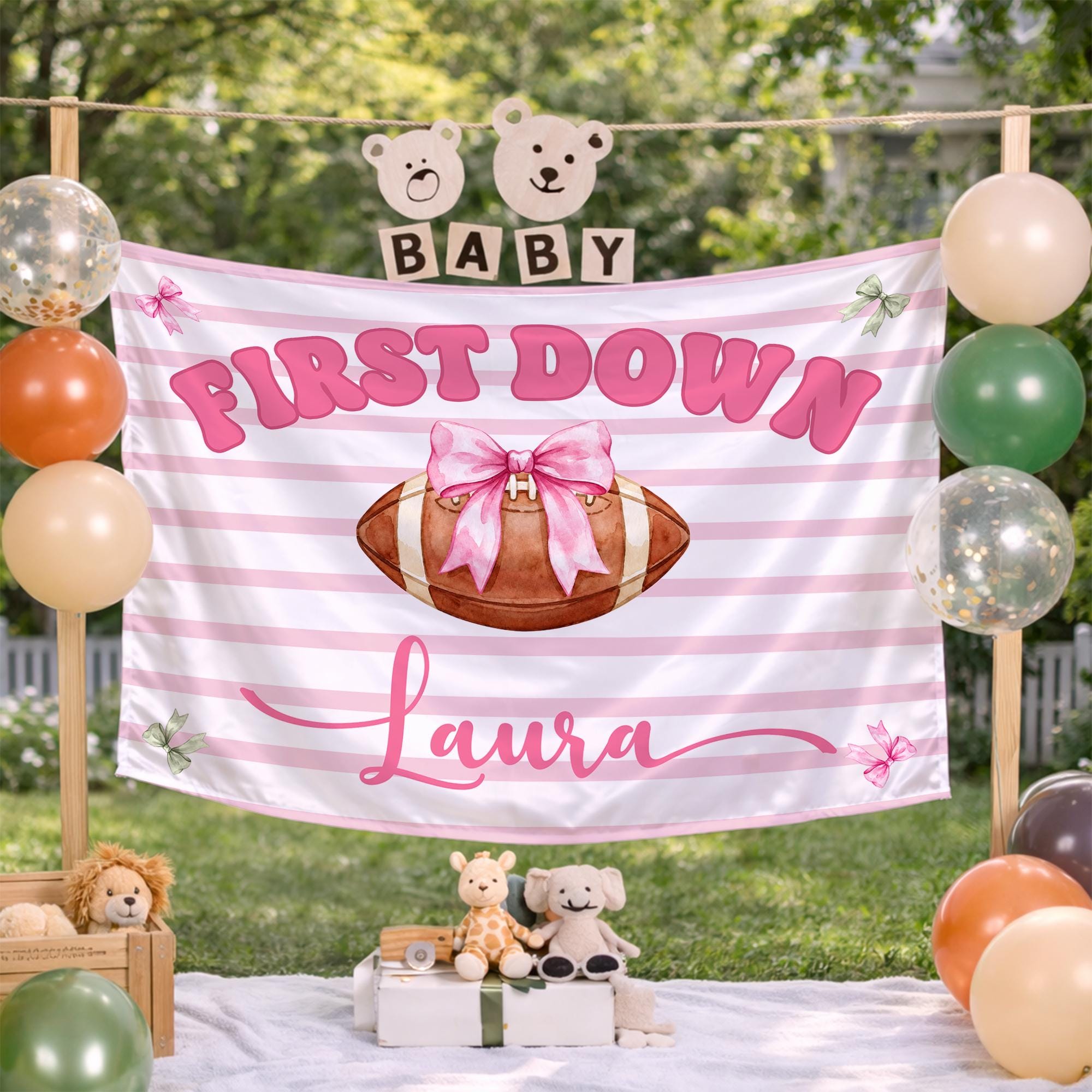 First Down Football Baby Girl Silk Banner with Pink Bow Artwork, Personalized Name, 1st Birthday Party or Nursery Decor