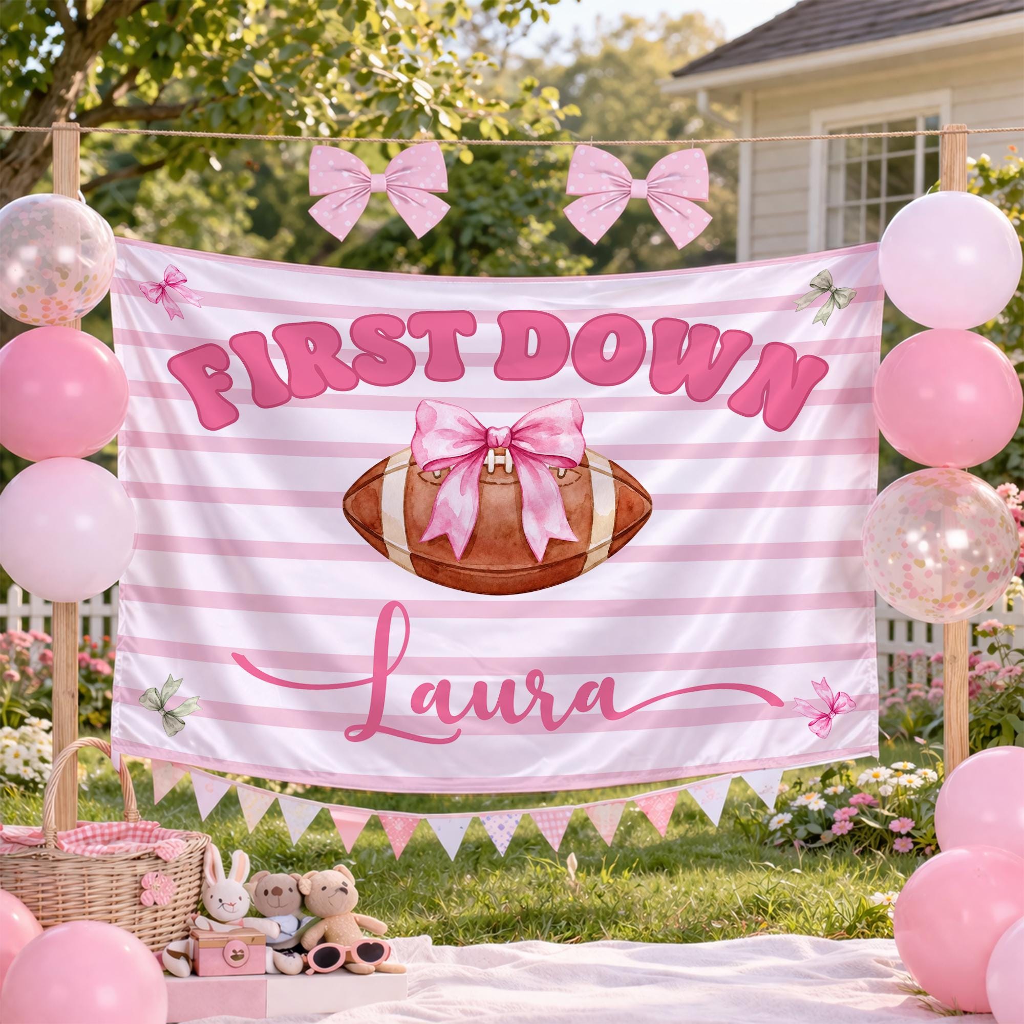 First Down Football Baby Girl Silk Banner with Pink Bow Artwork, Personalized Name, 1st Birthday Party or Nursery Decor