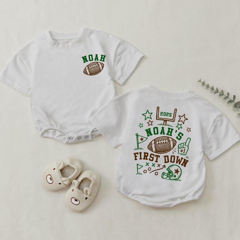 First Down Shirt Personalized, Football Birthday Baby Matching Romper