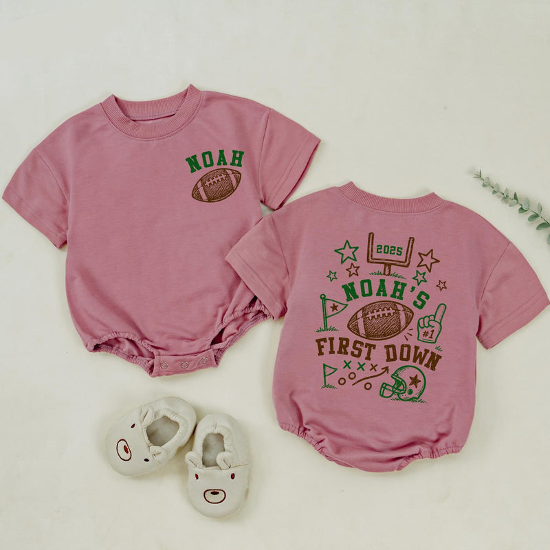 First Down Shirt Personalized, Football Birthday Baby Matching Romper
