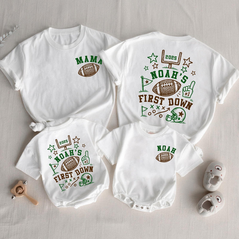 First Down Shirt Personalized, Football Birthday Baby Matching Romper
