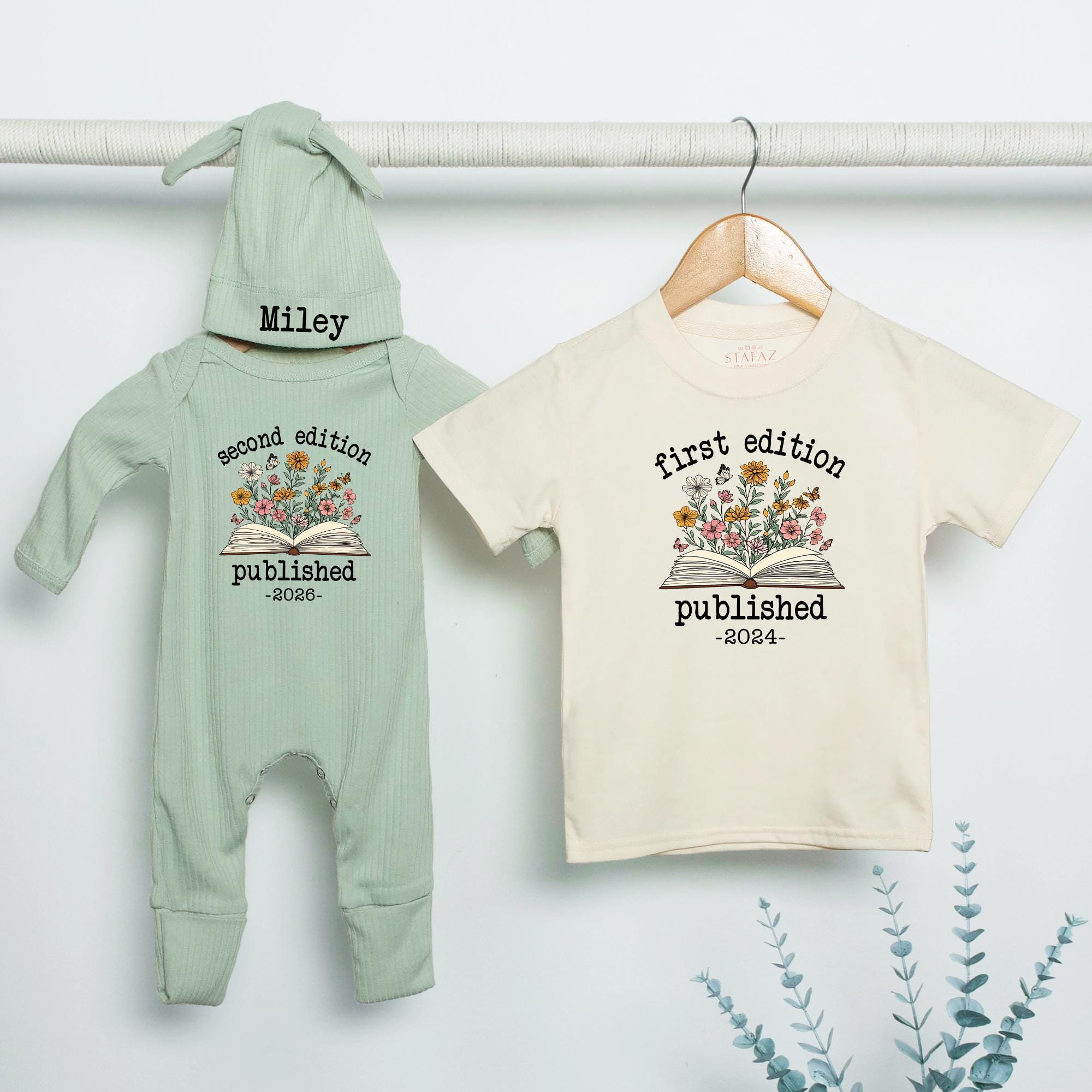 First Edition Big Sister Shirt and Second Edition Baby Romper Personalized Matching Sibling Outfits for New Baby Announcement Gift