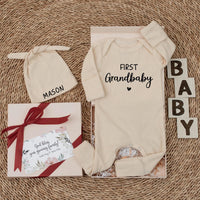 First Grandbaby Baby Bodysuit Custom Newborn Outfit Heart Design Gift for New Grandparents Soft Cotton Baby Romper Coming Home Clothes