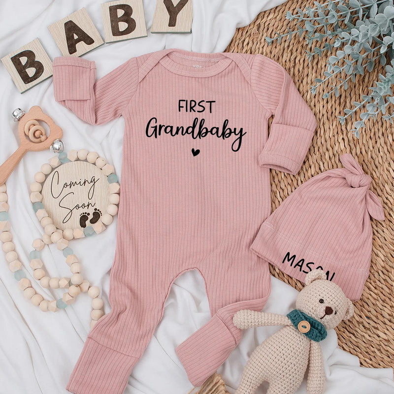 First Grandbaby Baby Bodysuit Custom Newborn Outfit Heart Design Gift for New Grandparents Soft Cotton Baby Romper Coming Home Clothes