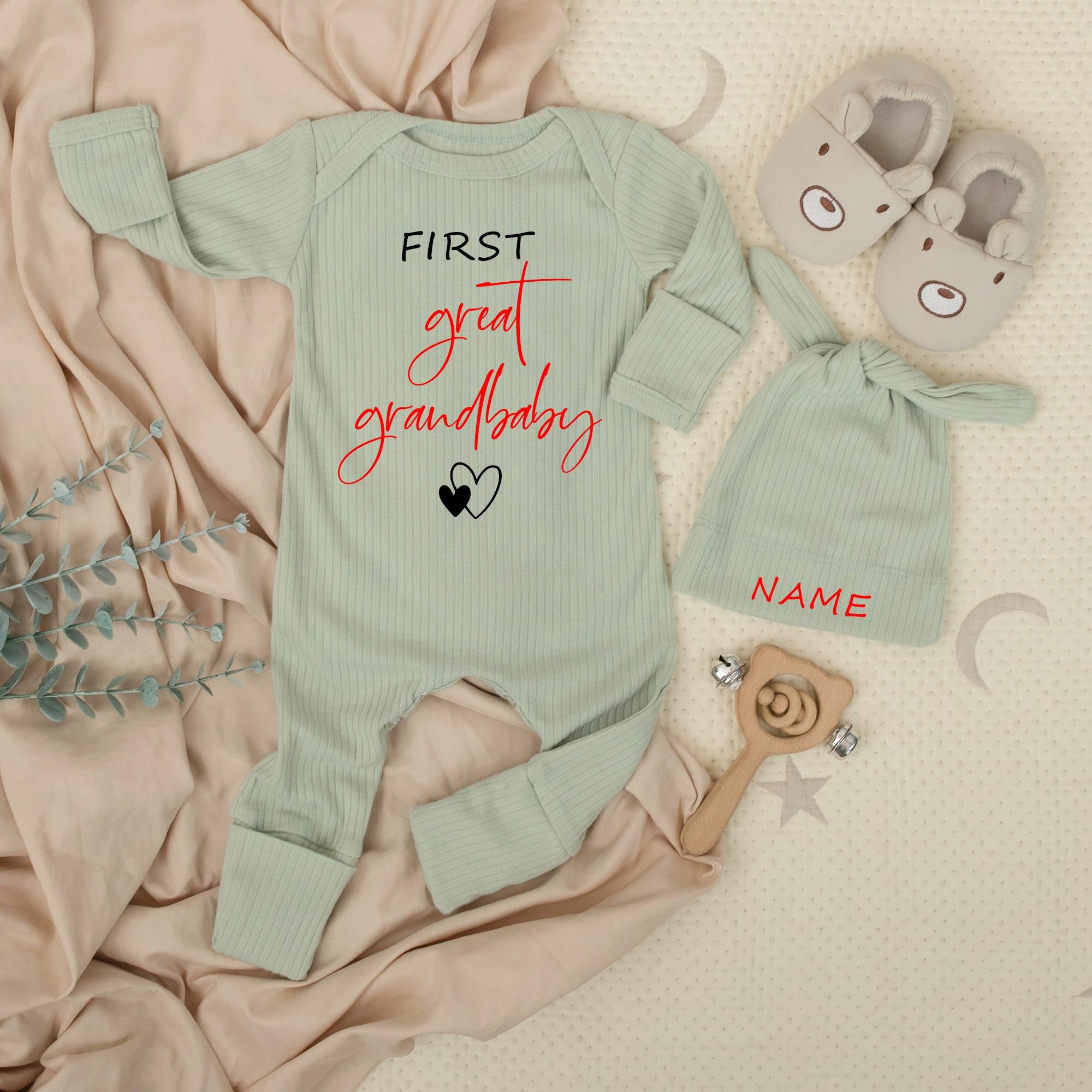 First Great Grandbaby Outfit with Custom Name Hat Newborn Baby Bodysuit Modern Minimalist Design Gift for Grandma and Grandpa