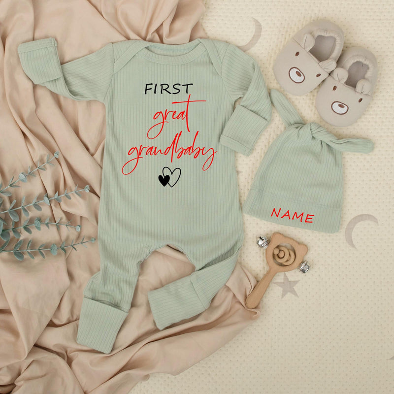 First Great Grandbaby Outfit with Custom Name Hat Newborn Baby Bodysuit Modern Minimalist Design Gift for Grandma and Grandpa