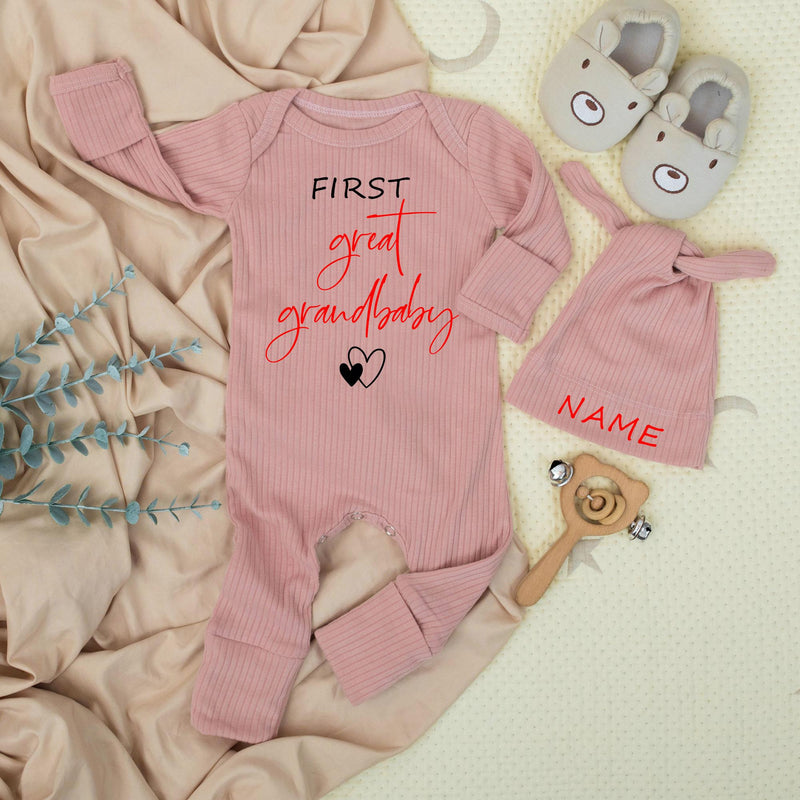 First Great Grandbaby Outfit with Custom Name Hat Newborn Baby Bodysuit Modern Minimalist Design Gift for Grandma and Grandpa