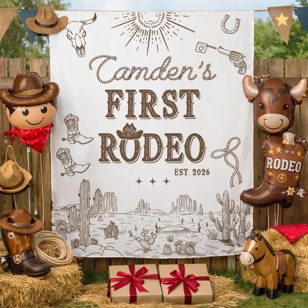 First Rodeo Birthday Banner for Baby Boy, Cowboy Party Backdrop with Western Theme, Rustic Decor Featuring Custom Name and Date