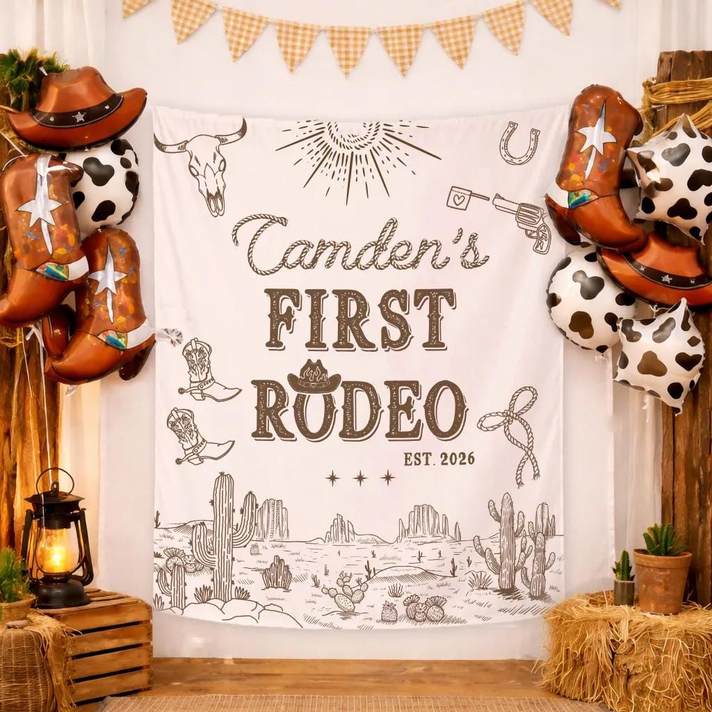 First Rodeo Birthday Banner for Baby Boy, Cowboy Party Backdrop with Western Theme, Rustic Decor Featuring Custom Name and Date