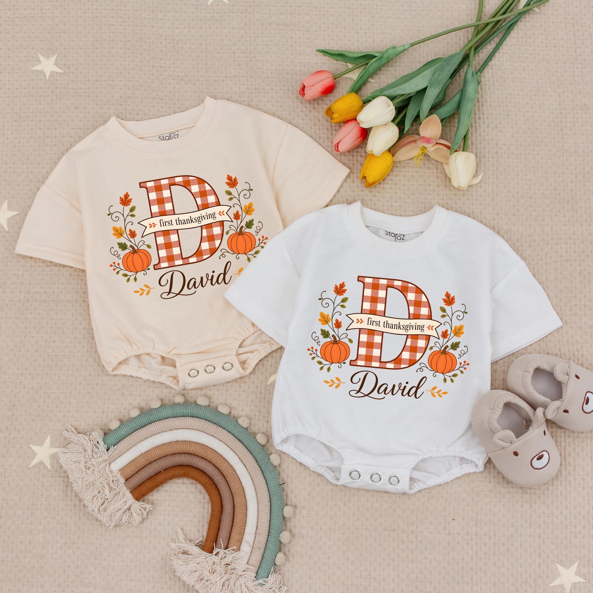 First Thanksgiving Baby Romper with Pumpkin Plaid Initial and Custom Name, Fall Newborn Outfit, Baby Shower Gift
