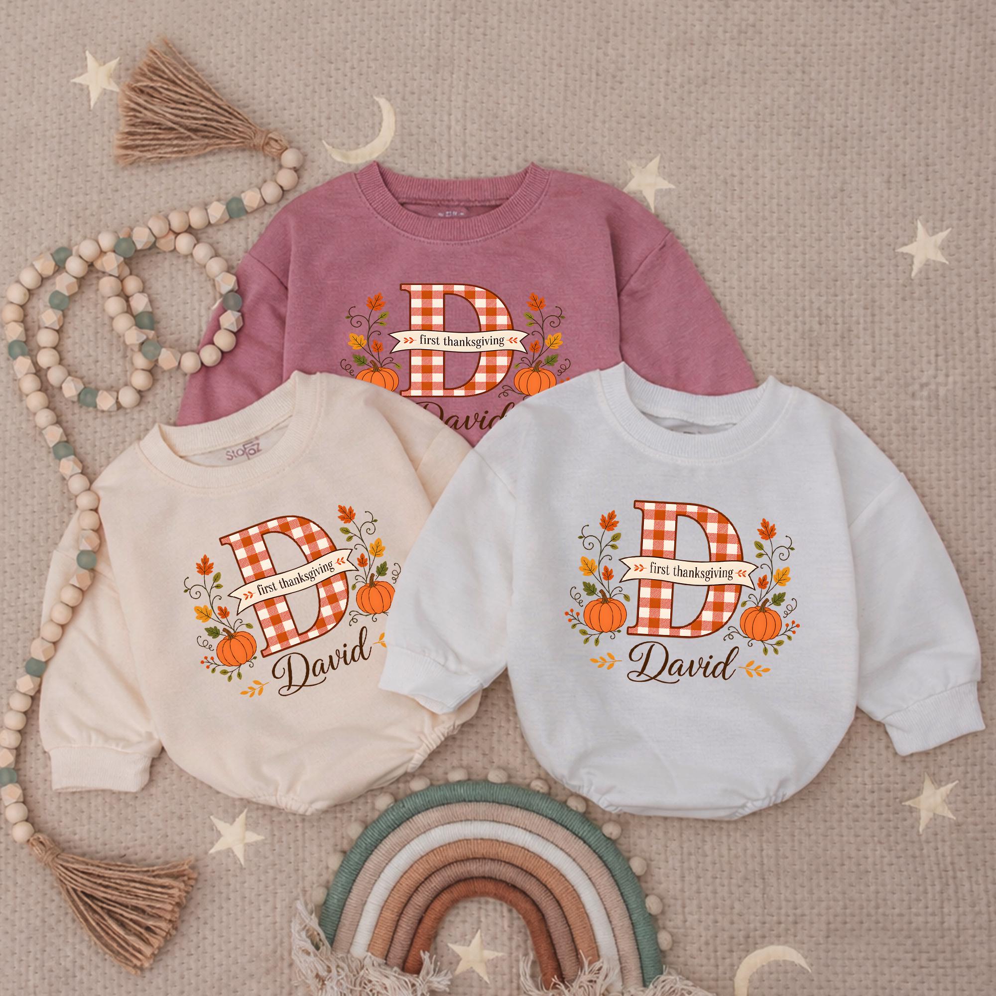 First Thanksgiving Baby Romper with Pumpkin Plaid Initial and Custom Name, Fall Newborn Outfit, Baby Shower Gift