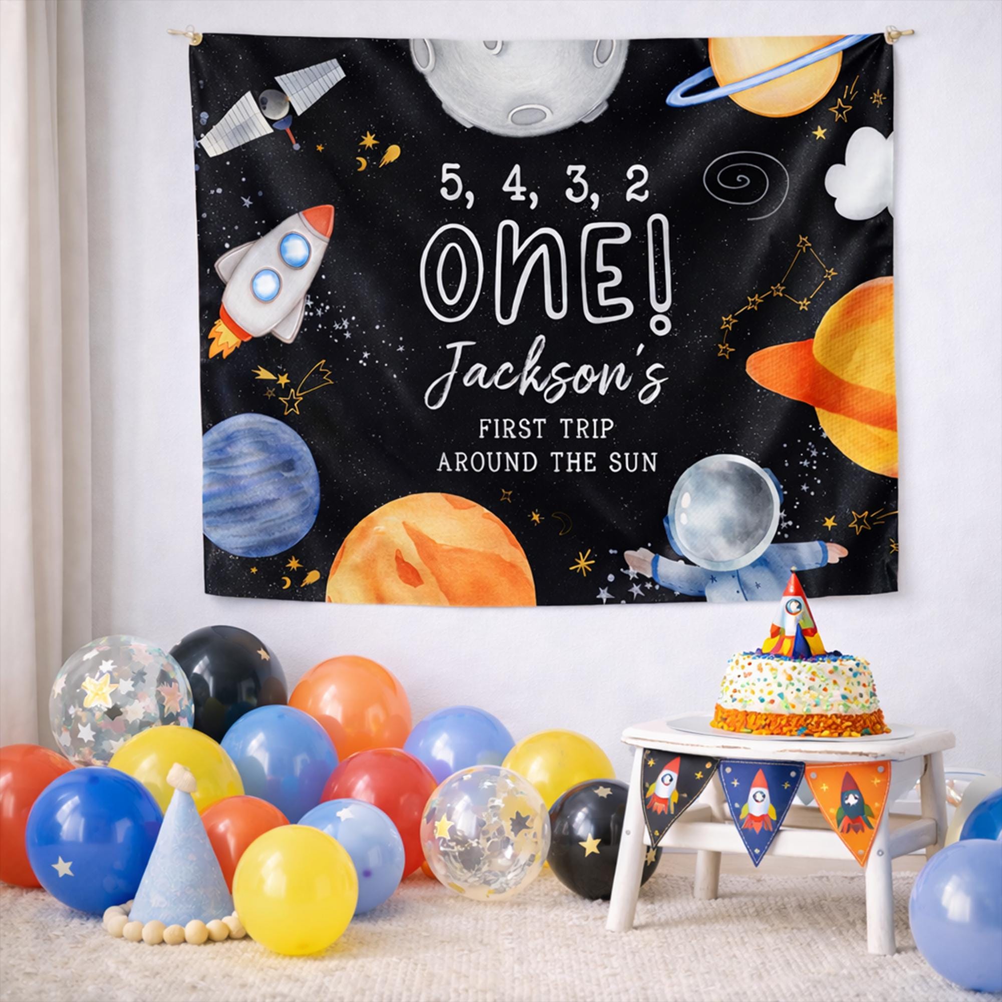 First Trip Around the Sun Astronaut Birthday Banner, Space-Themed 1st Birthday Backdrop for Baby Boy Party, Custom Name and Date Decor