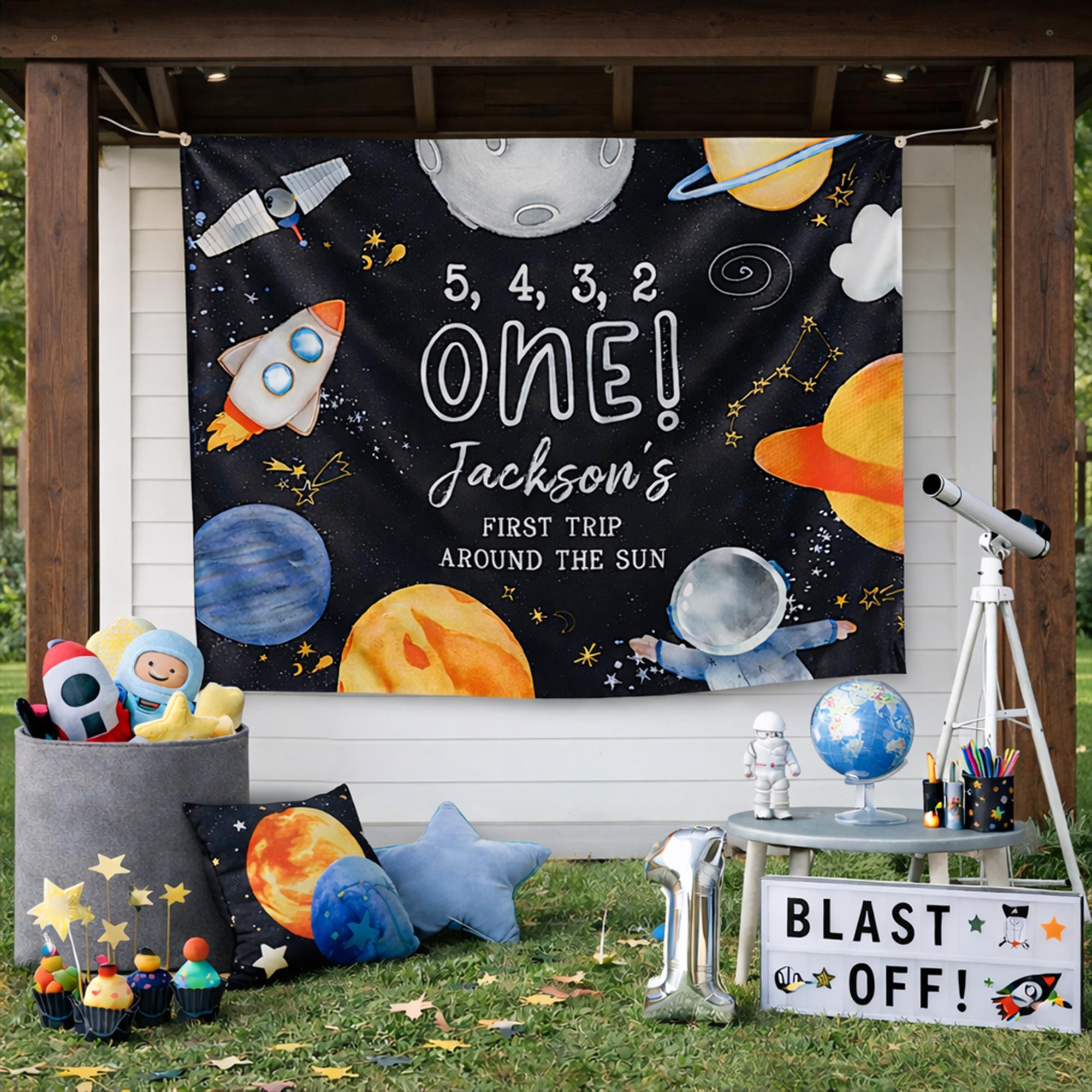 First Trip Around the Sun Astronaut Birthday Banner, Space-Themed 1st Birthday Backdrop for Baby Boy Party, Custom Name and Date Decor