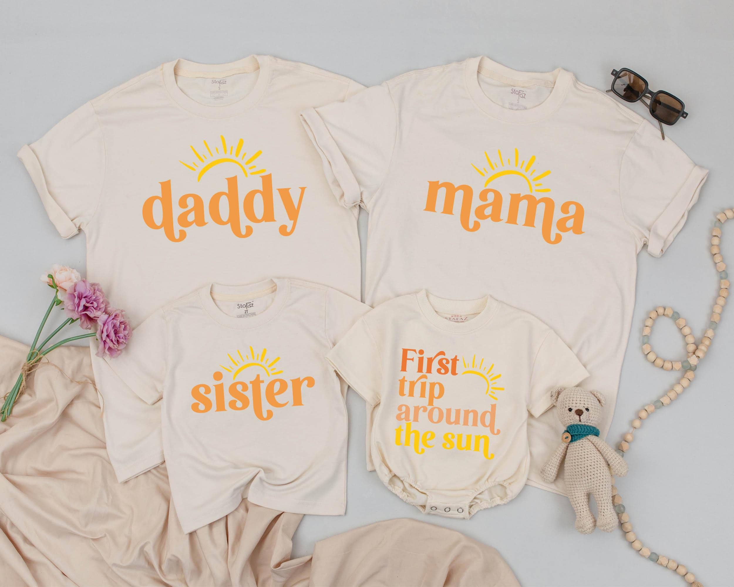 First Trip Around the Sun Birthday Shirt for Baby Toddler Family Matching Boho Sunshine Outfit Custom Mommy Daddy Sister Celebration