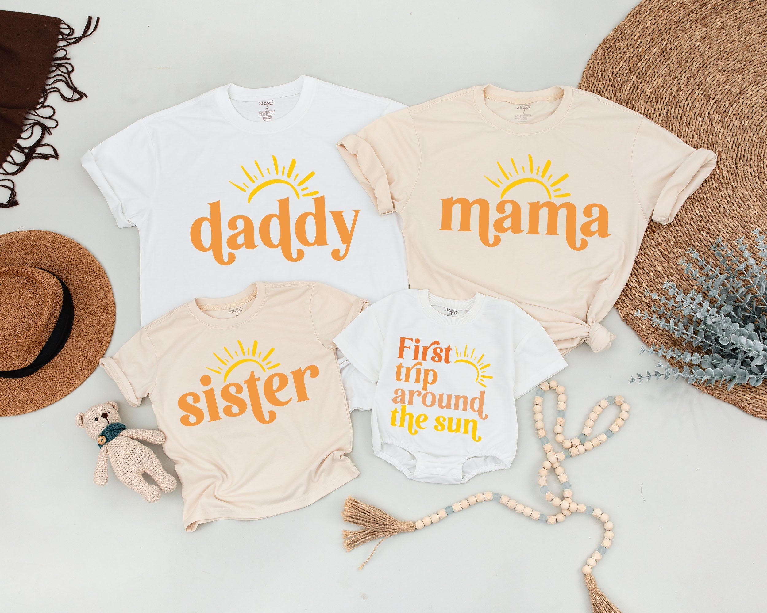 First Trip Around the Sun Birthday Shirt for Baby Toddler Family Matching Boho Sunshine Outfit Custom Mommy Daddy Sister Celebration