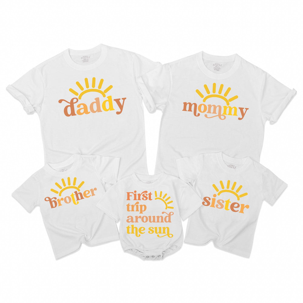 First Trip Around the Sun Birthday Shirt Matching Family Outfits Boho Sunshine Theme Toddler Baby Party Outfit Mommy Daddy Sibling Gift