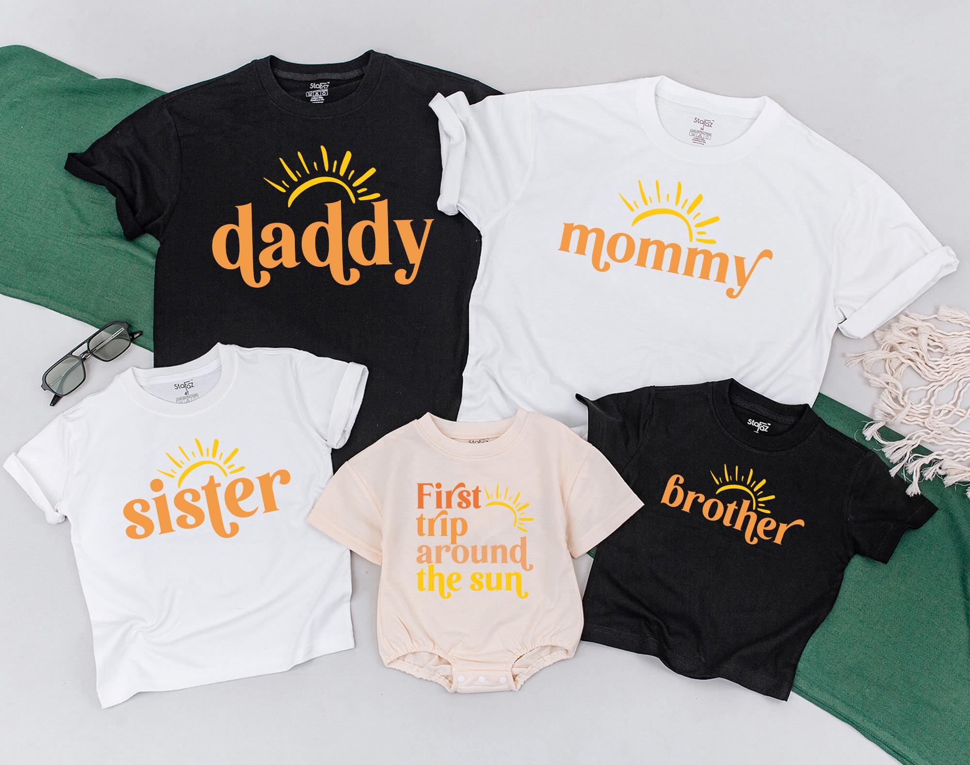 First Trip Around the Sun Birthday Shirt with Sun Design for Toddlers Matching Family Outfit Custom Names Bright Orange Yellow Celebration