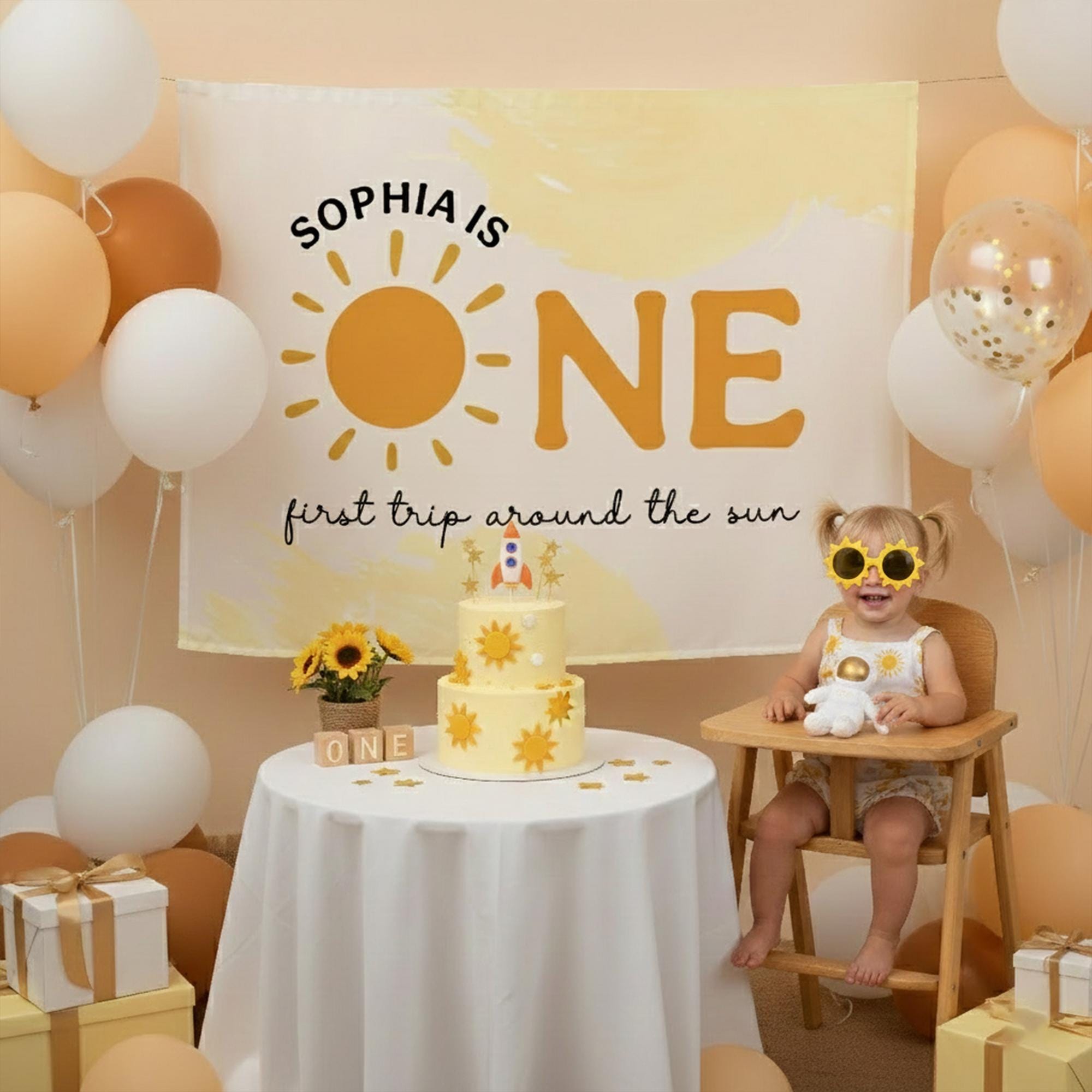 First Trip Around the Sun Silk Banner for Baby Birthday, Custom Boho Backdrop Neutral Party Decor Cream Yellow Watercolor Design