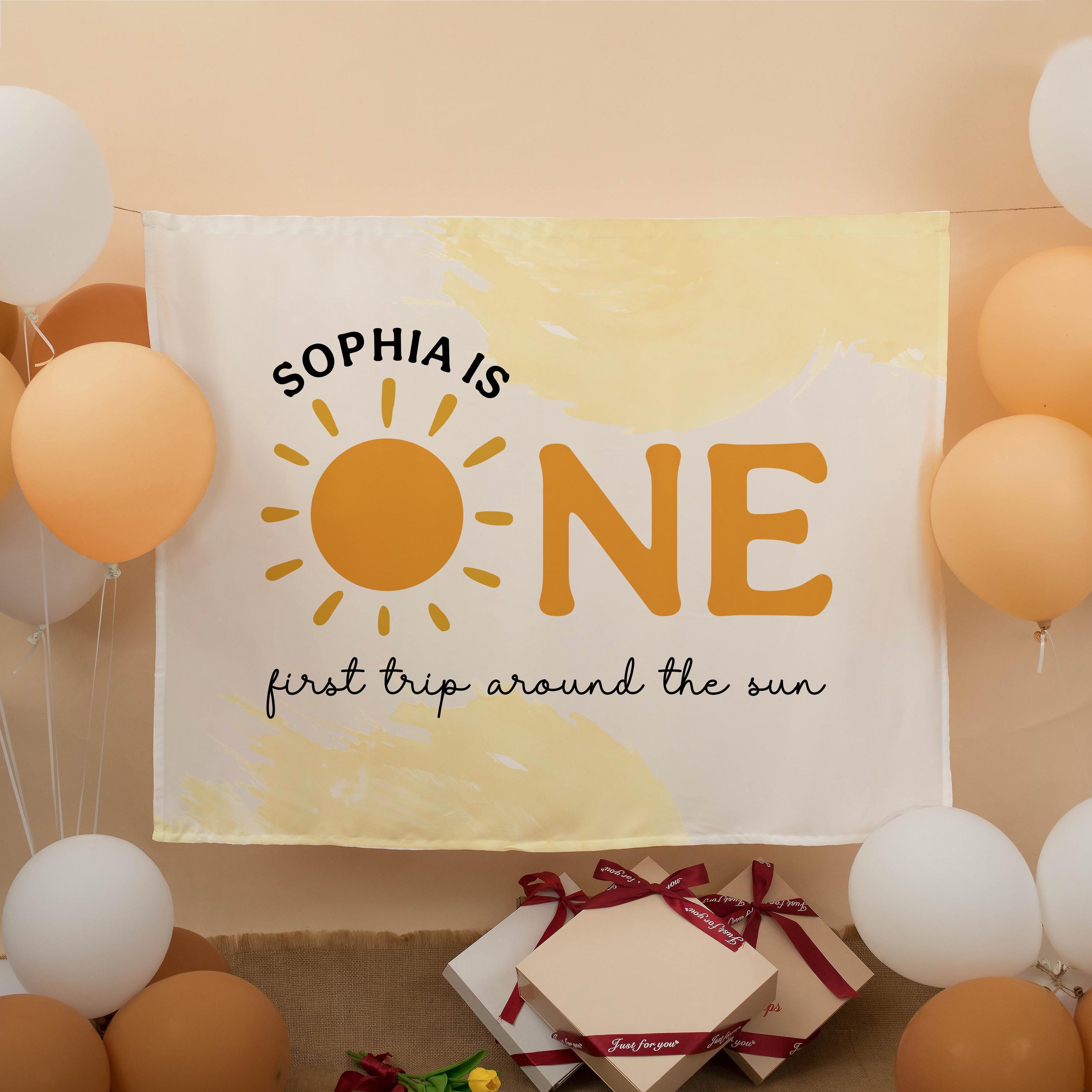 First Trip Around the Sun Silk Banner for Baby Birthday, Custom Boho Backdrop Neutral Party Decor Cream Yellow Watercolor Design