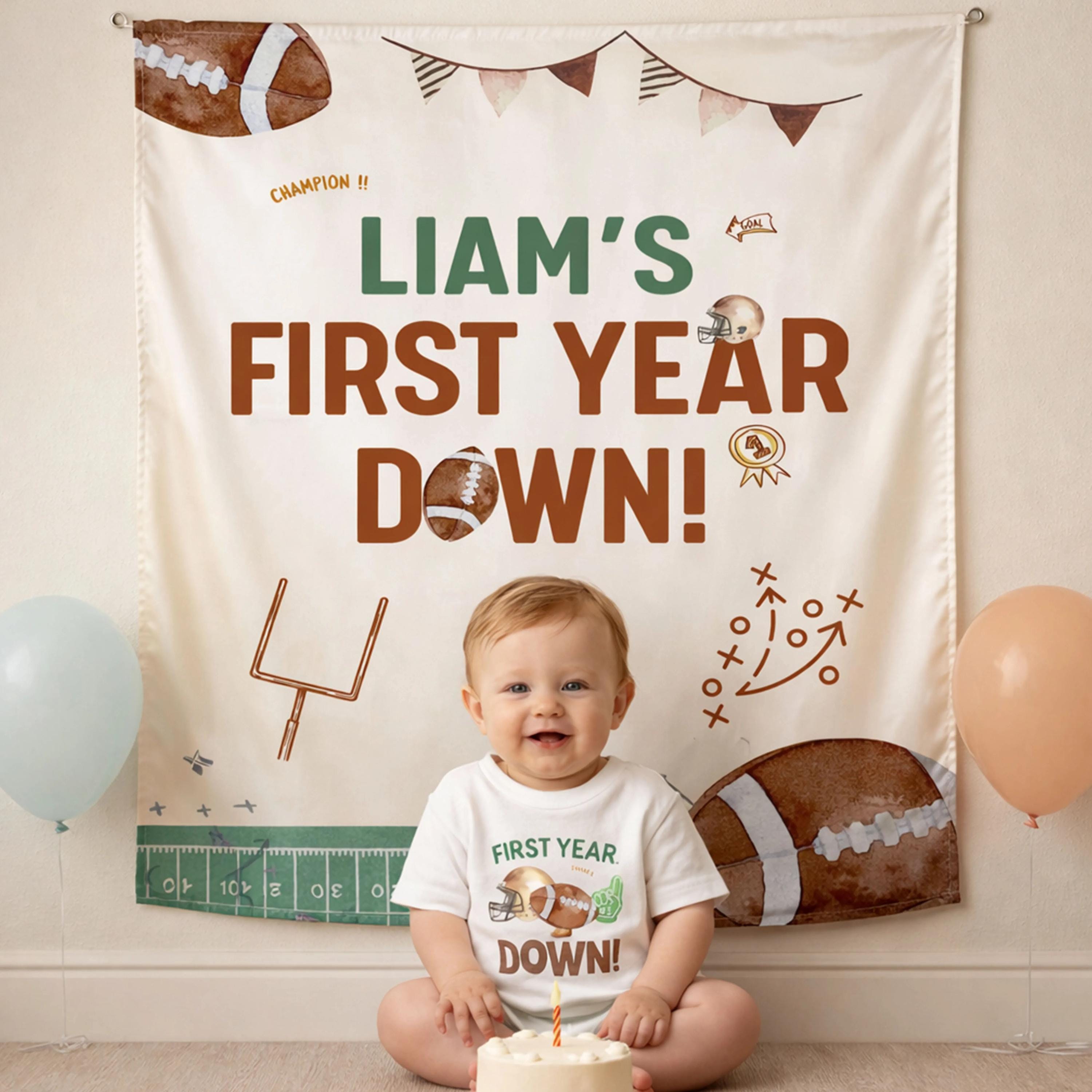 First Year Down Baby Boy Football Romper 1st Birthday Outfit Silk Banner Party Decor Custom Rookie Year Celebration Gift