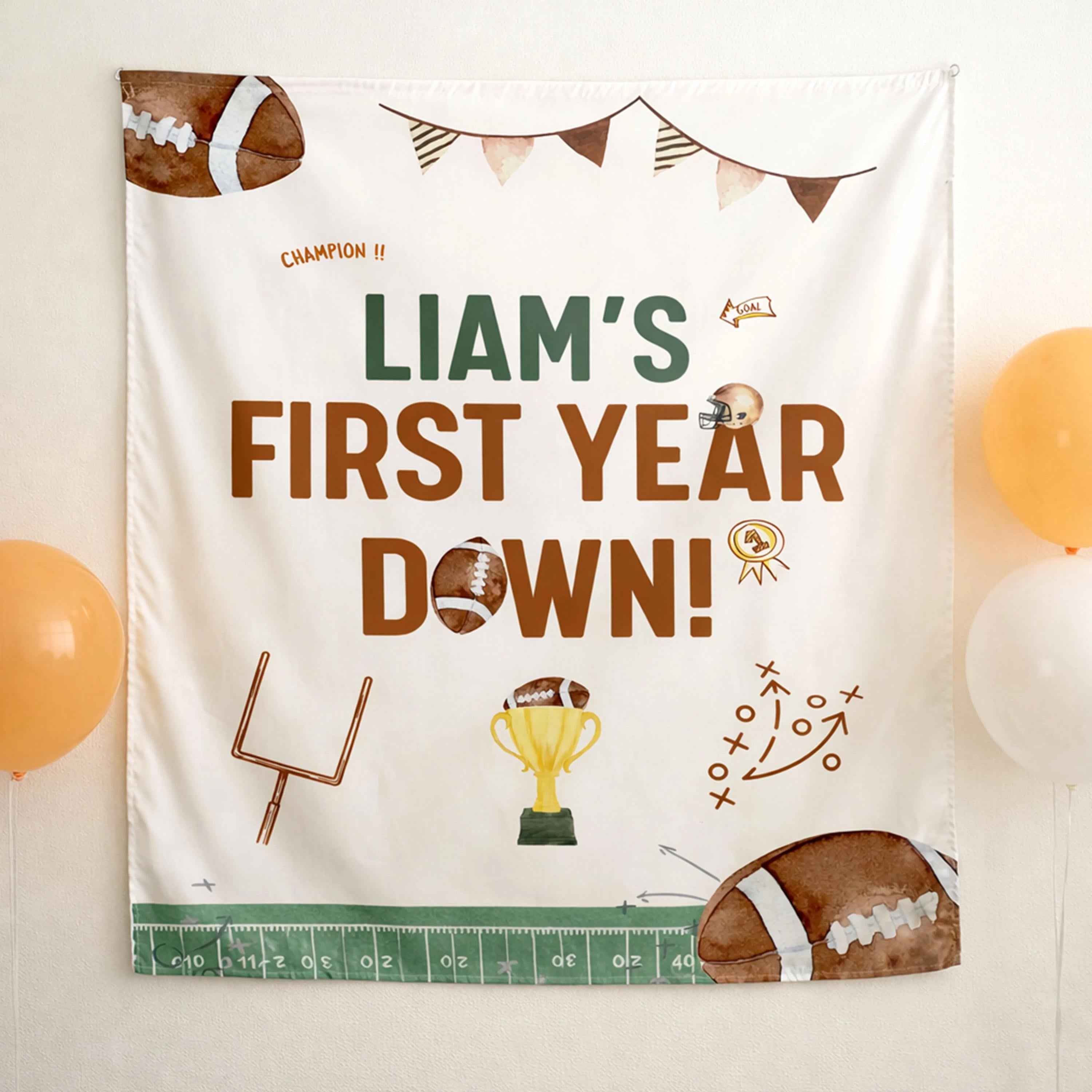 First Year Down Baby Boy Football Romper 1st Birthday Outfit Silk Banner Party Decor Custom Rookie Year Celebration Gift