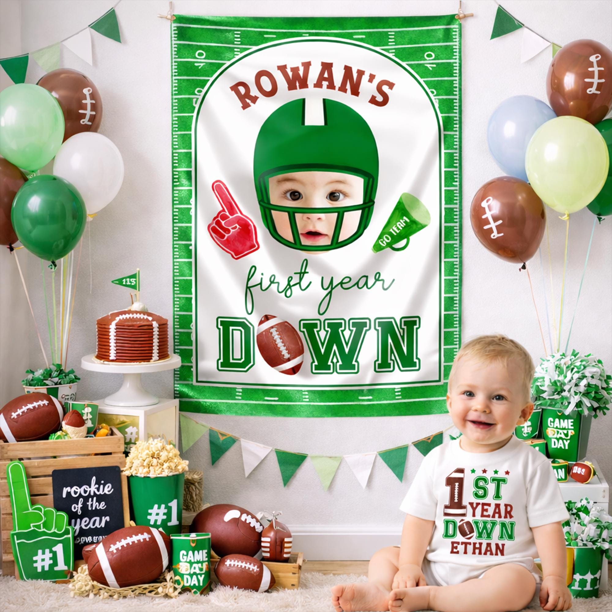 First Year Down Football Party Silk Banner with Custom Name, Baby 1st Birthday Bubble Romper and Personalized Outfit Set