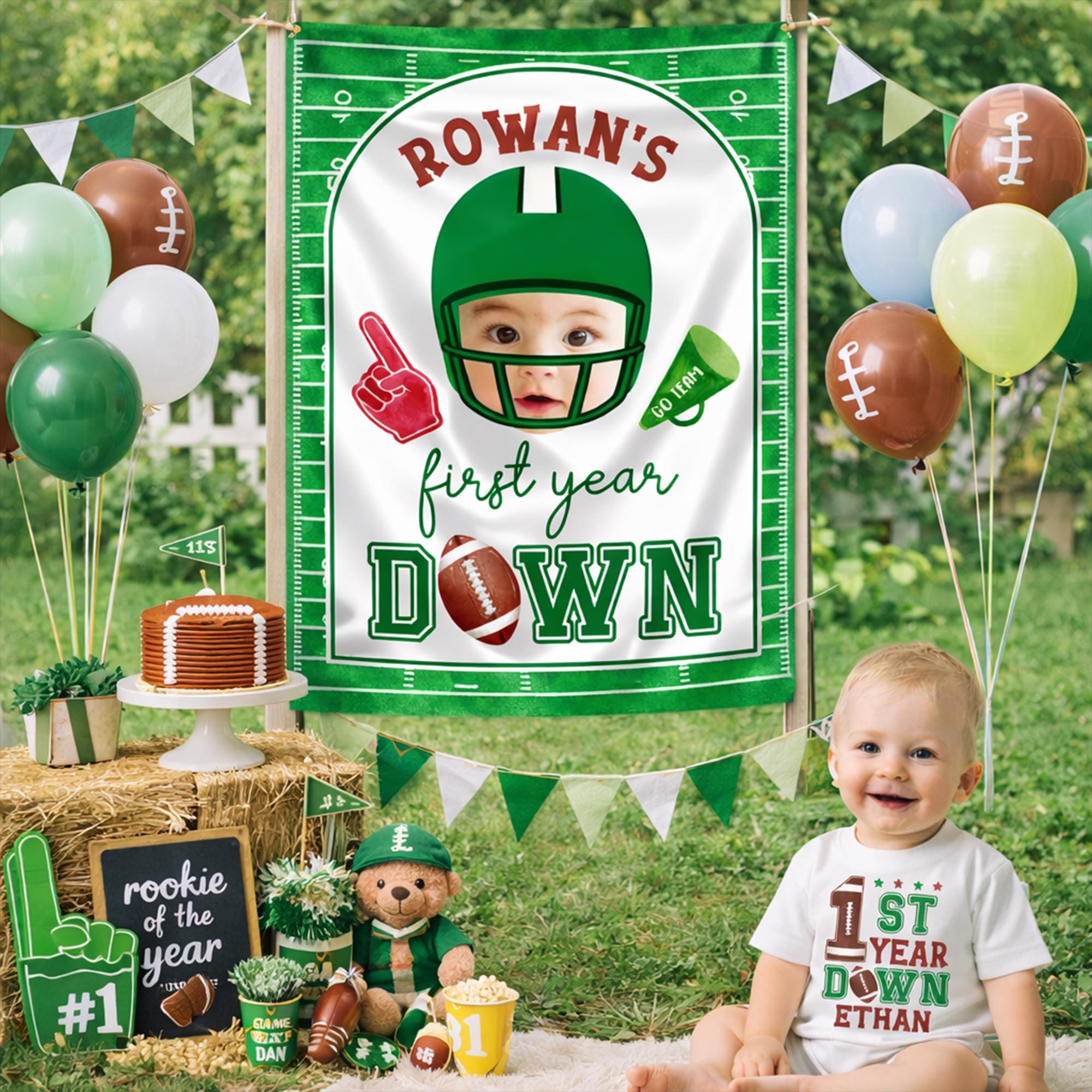First Year Down Football Party Silk Banner with Custom Name, Baby 1st Birthday Bubble Romper and Personalized Outfit Set