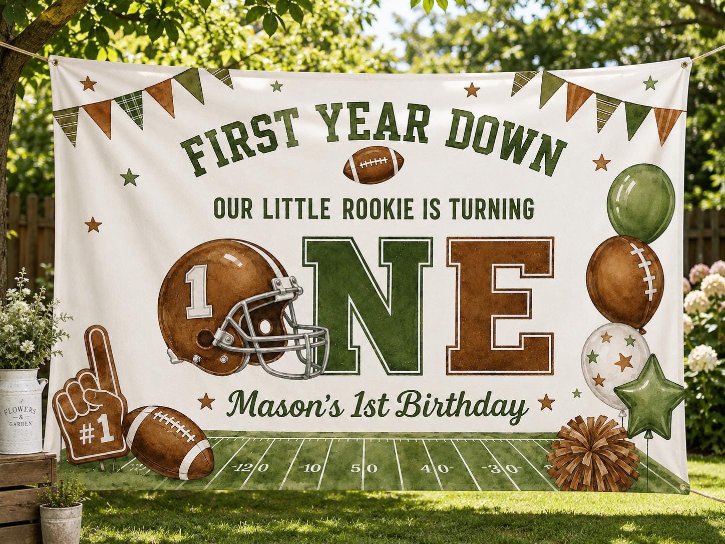 First Year Down Football Silk Banner with Custom Baby Name, 1st Birthday Party Decoration for Little Rookie Celebration