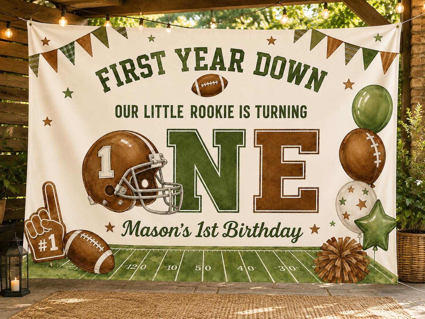 First Year Down Football Silk Banner with Custom Baby Name, 1st Birthday Party Decoration for Little Rookie Celebration