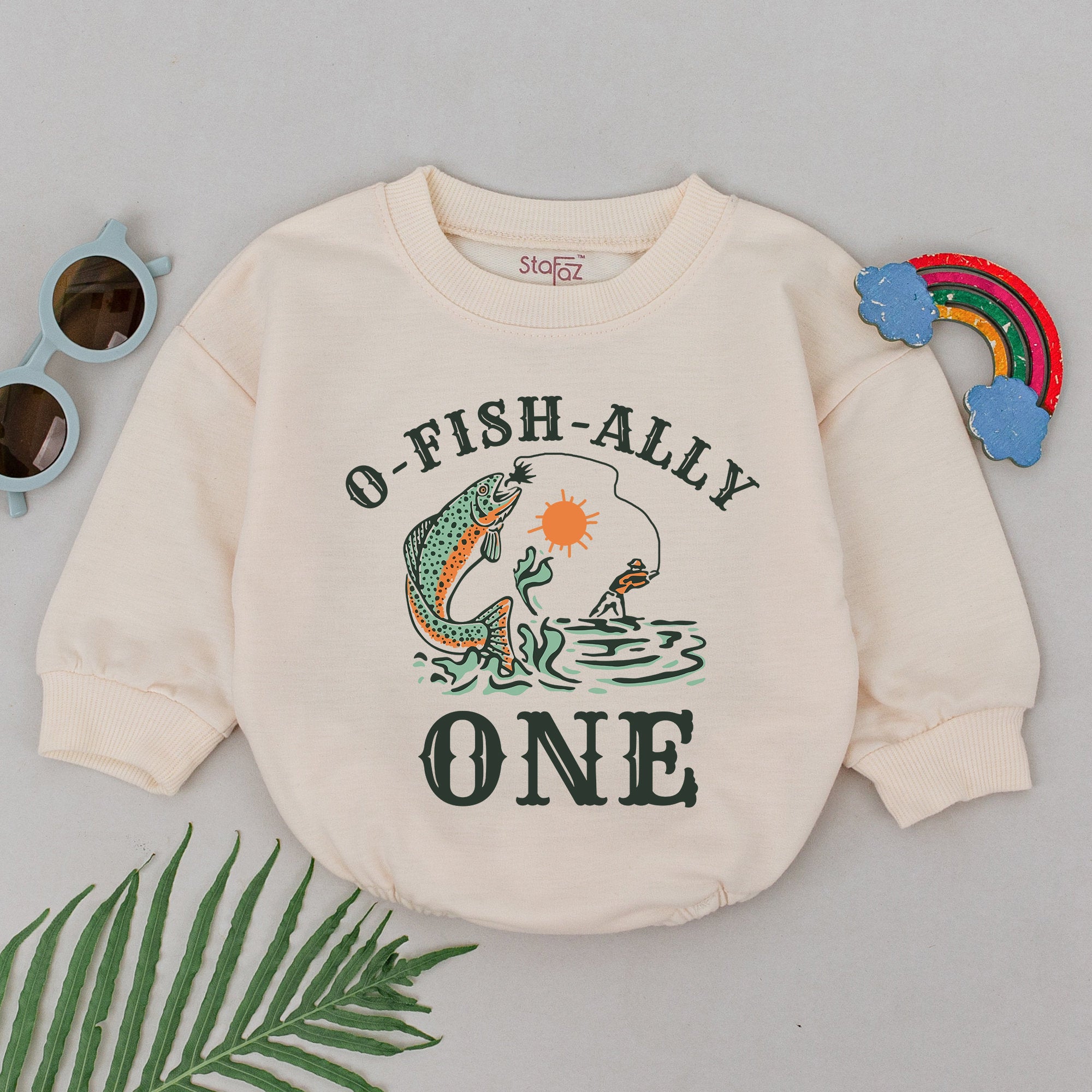 O-Fish-Ally One Birthday Romper with Leaping Fish Sun Design Baby 1st Birthday Bodysuit Soft Cotton Party Outfit Infant Celebration Gift